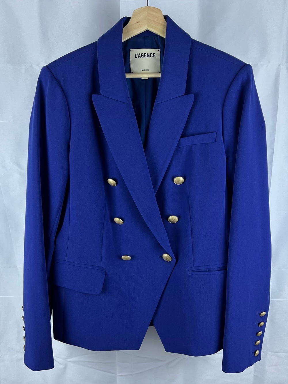 RRP US$698 L’Agence Kenzie Blazer Jacket blue gold buttons Women’s Size 10